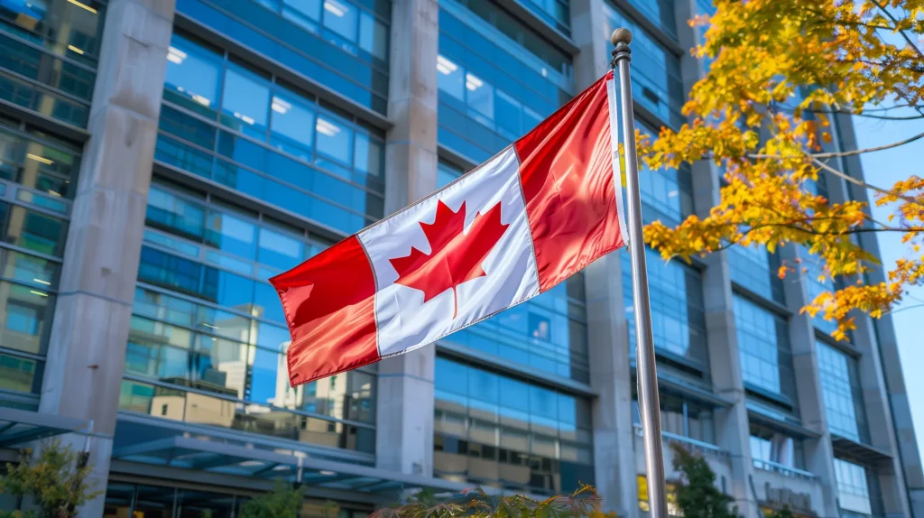 canadian flag flying on a sunny fall day on a corporate campus reducing to net zero emissions