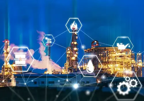 Image of a fracking facility with sustainability icons overlayed across the image.
